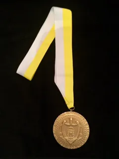 A gold medal with a yellow and white ribbon.