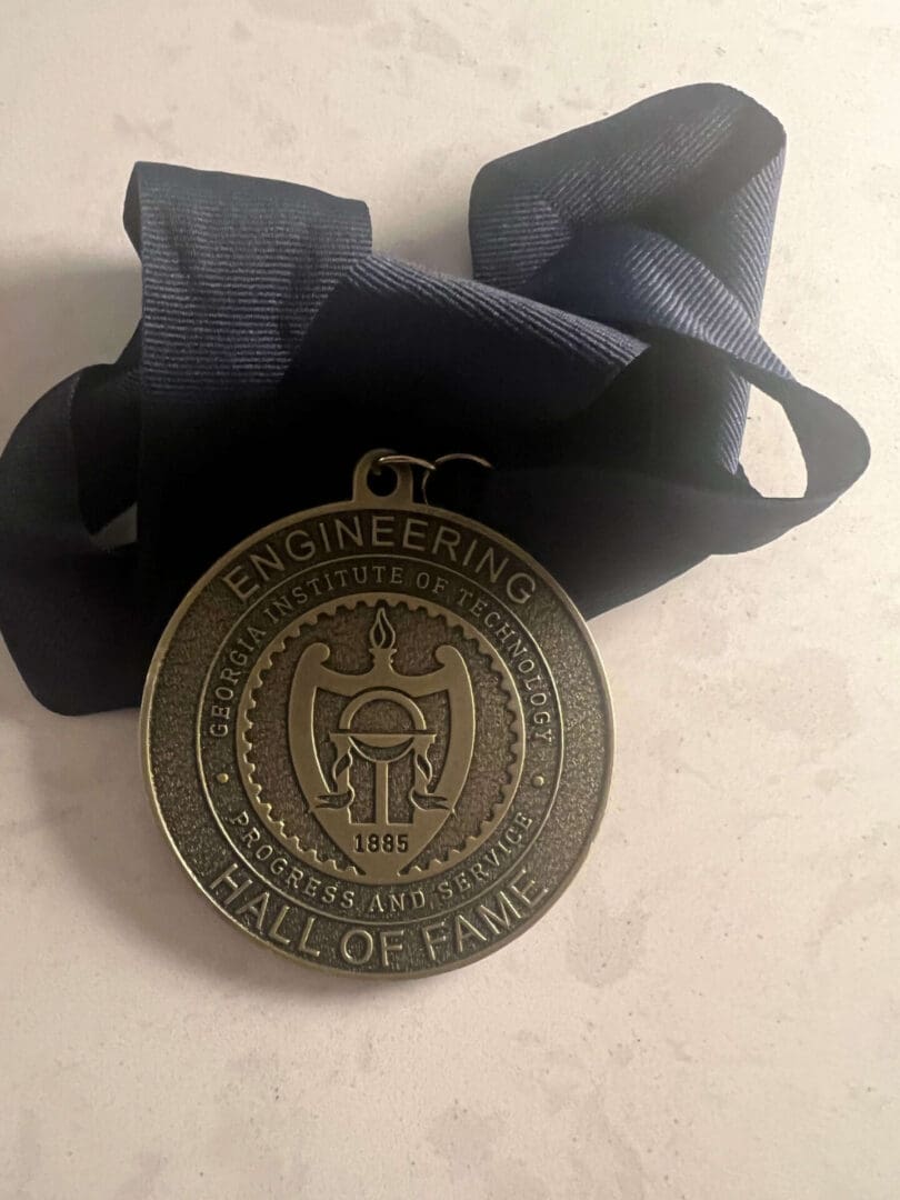 A medal that is sitting on top of a table.