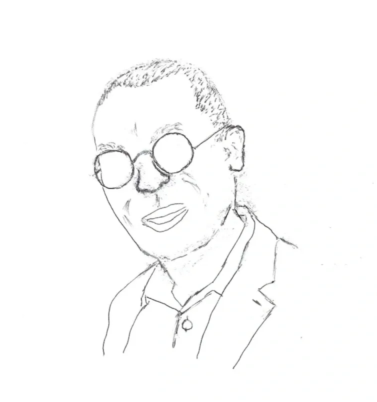 Sketch of a man wearing round glasses.