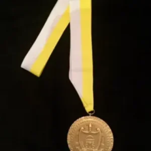 A gold medal with a yellow and white ribbon.